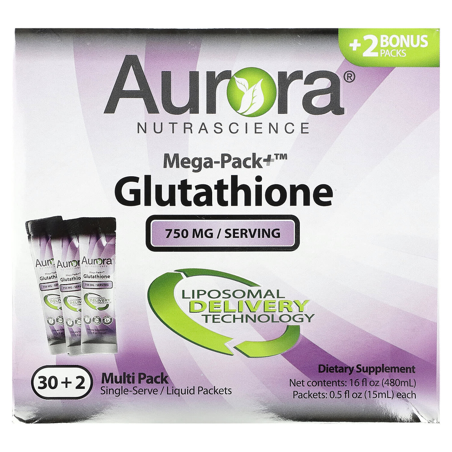 

Mega-Pack+, глутатион, 750 мг, 32 пакетика по 15 мл (0,5 жидк. унции), Aurora Nutrascience
