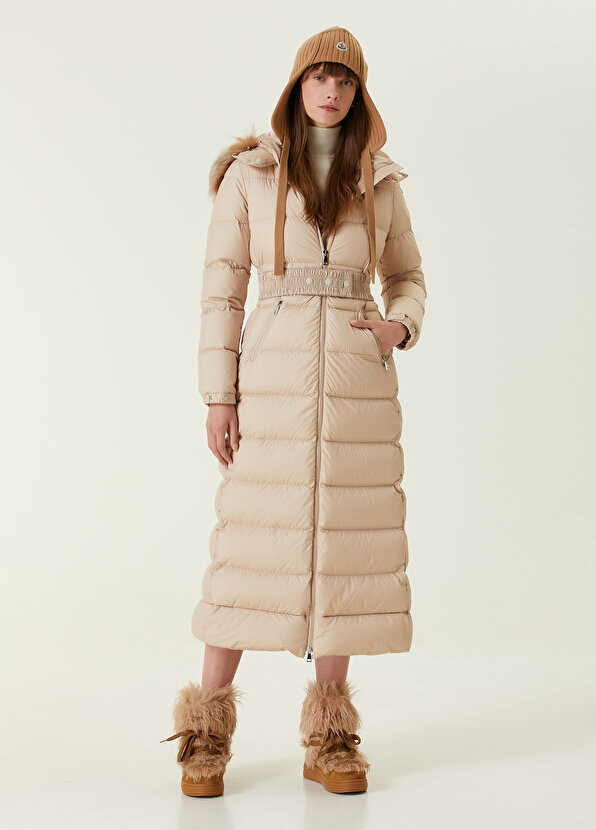 

Бежевое длинное пуховое пальто с капюшоном fudson Moncler, Бежевый