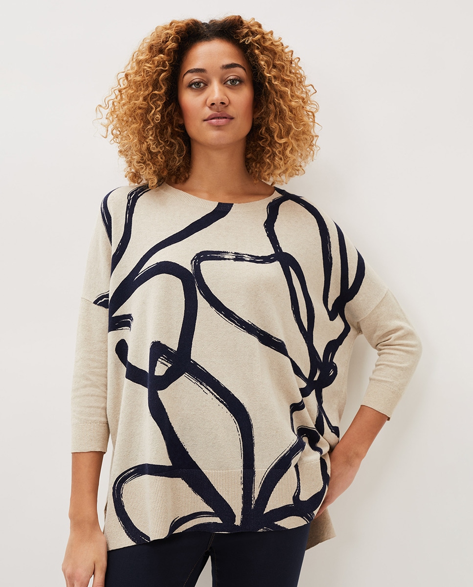 Вязаный женский свитер с длинным рукавом с абстрактным принтом Phase Eight, кремовый цена и фото