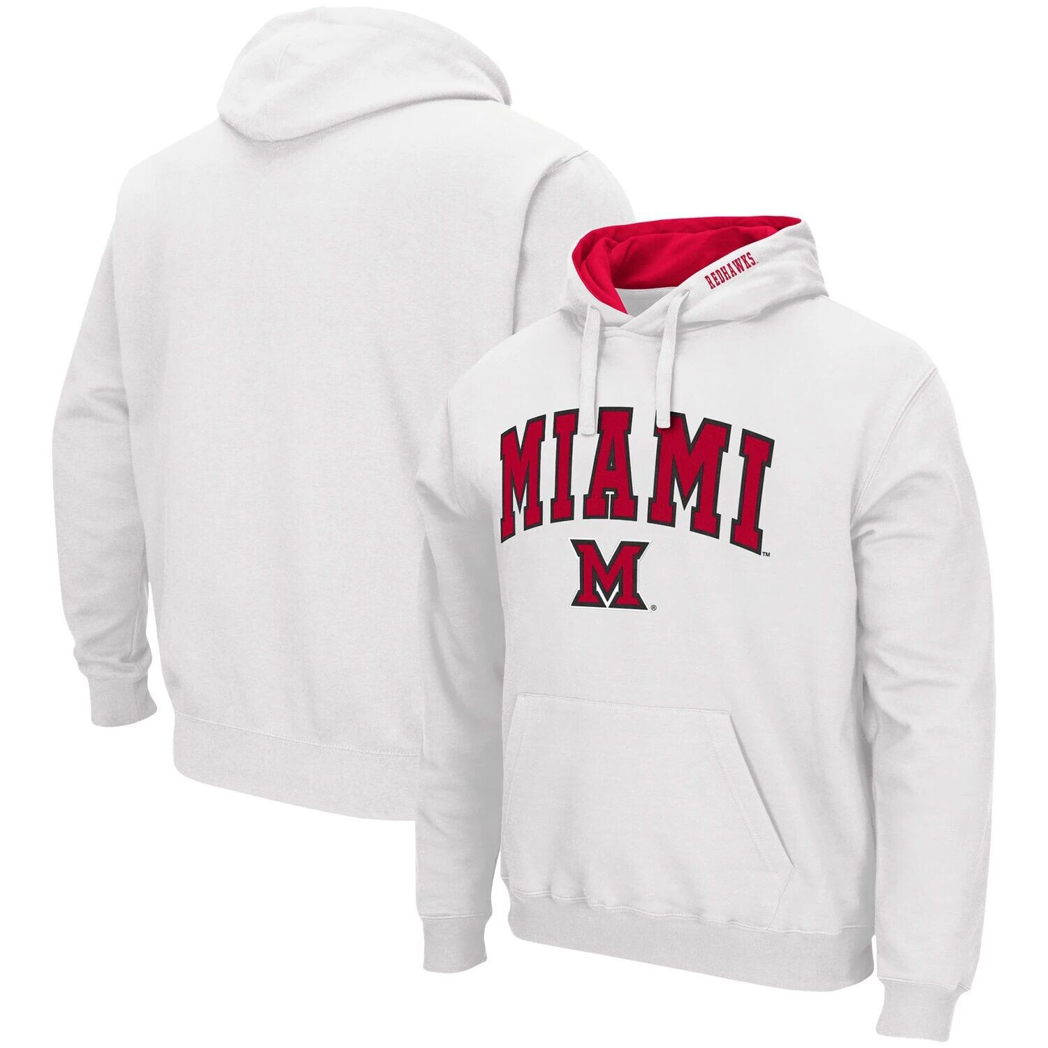 

Мужской белый пуловер с капюшоном Miami University RedHawks Arch и Logo Colosseum