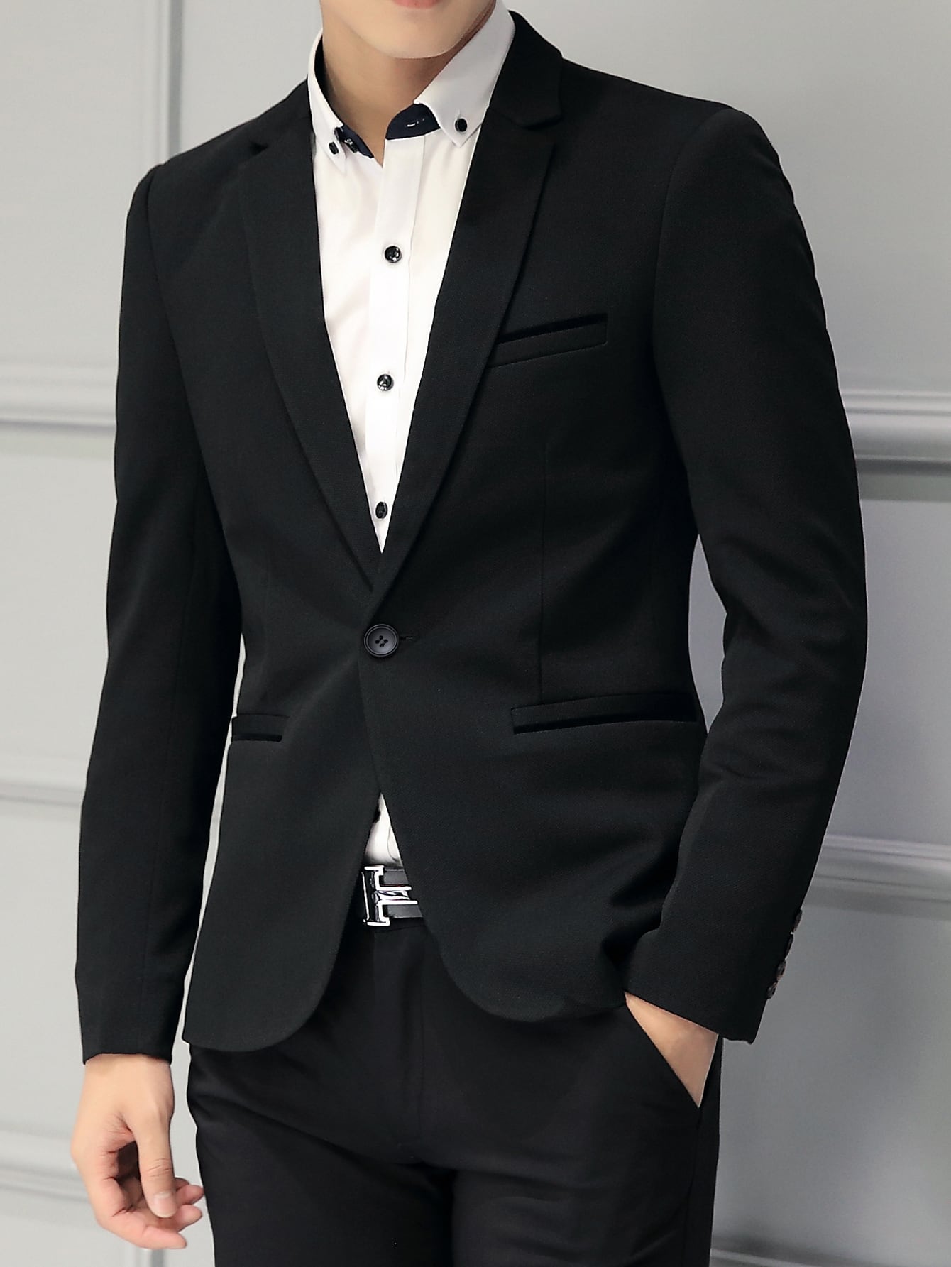 Мужской пиджак с воротником с лацканами и длинными рукавами Manfinity Mode, черный мужской однотонный костюм с воротником стойкой manfinity mode черный