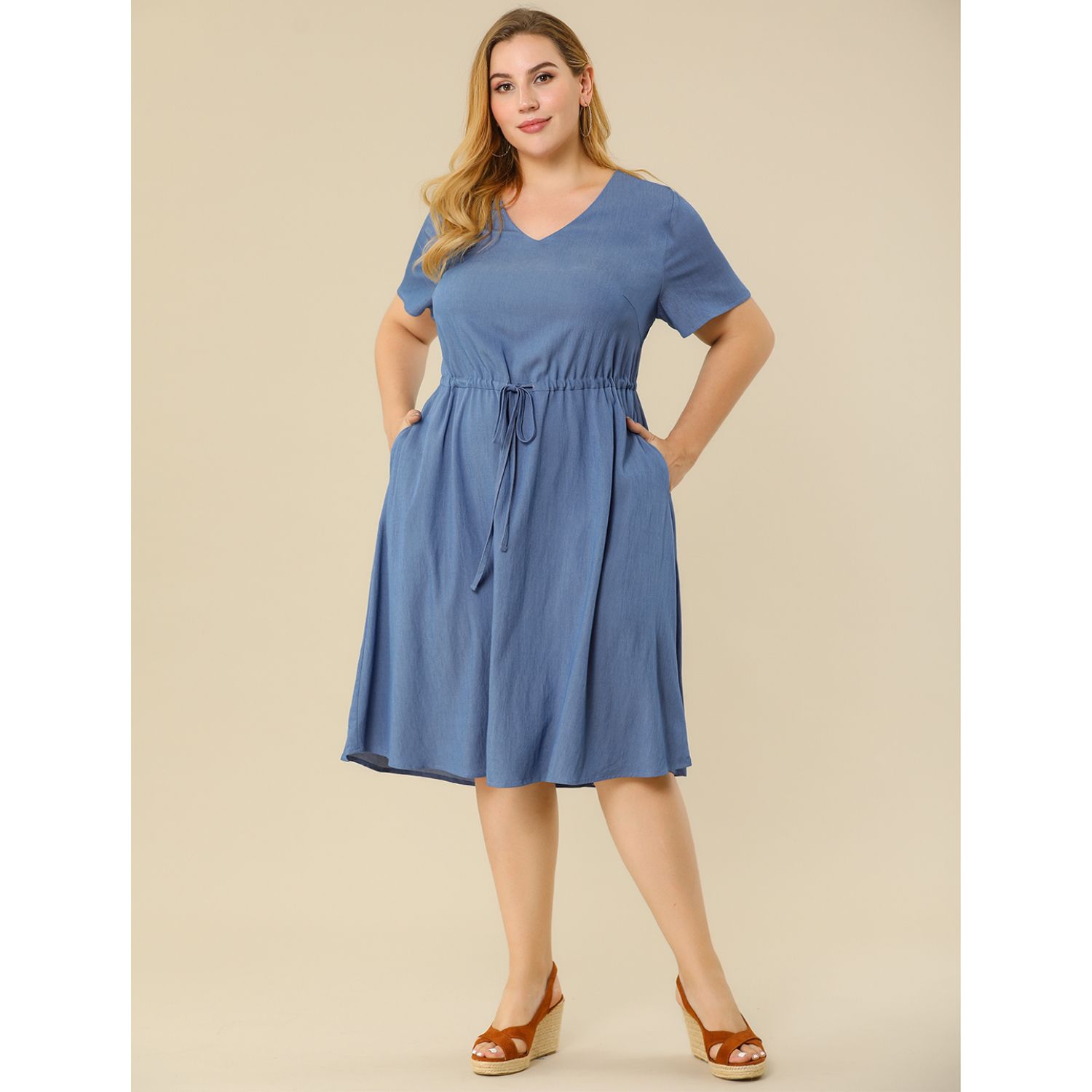 Женское осеннее платье-рубашка миди из джинсовой ткани больших размеров с завязками из шамбре Agnes Orinda, синий