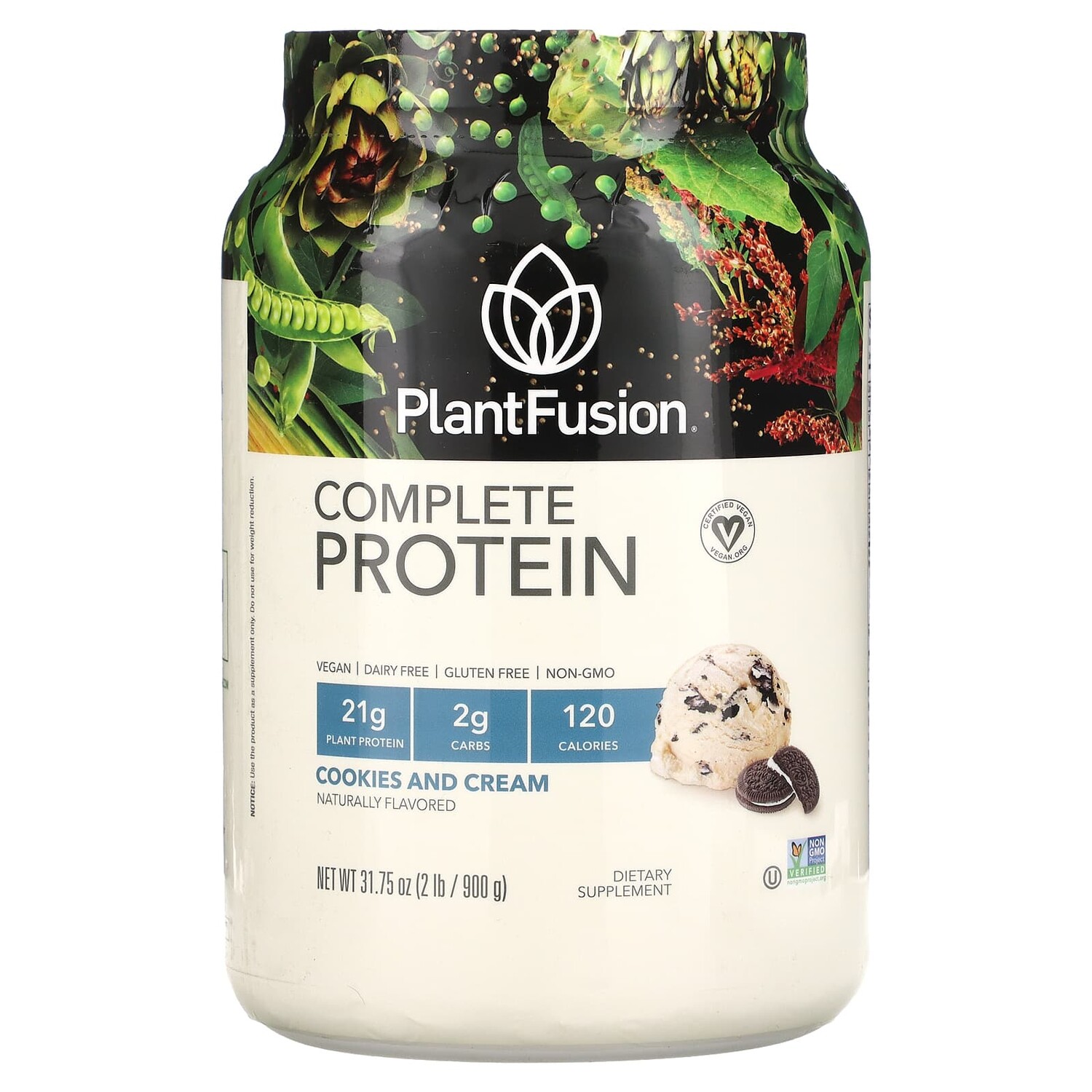 

Полноценный протеин, печенье и сливки, 900 г (2 фунта), PlantFusion