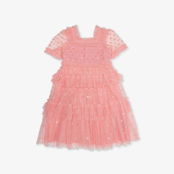 Присборенное платье из переработанного полиэстера, расшитое пайетками, 4–12 лет Needle And Thread, цвет coral