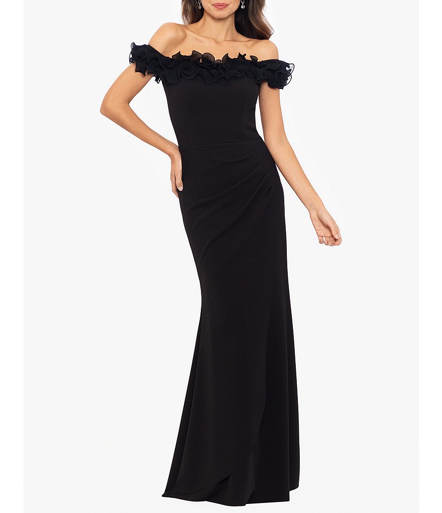 Платье русалки с открытыми плечами и рюшами из эластичного крепа Xscape, черный