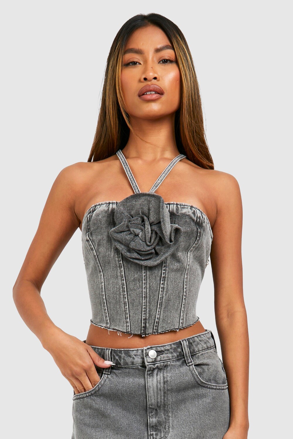 

Топ из розового денима Boohoo, черный