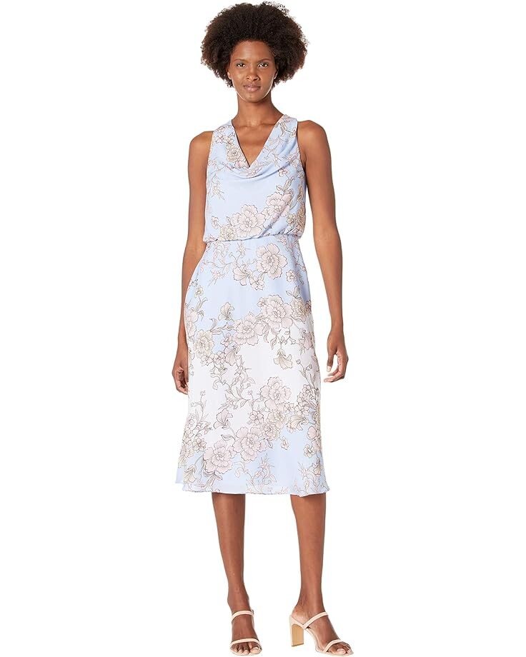 

Платье Vince Camuto Printed Crepe Cowl Neck Bow Back Midi, синий