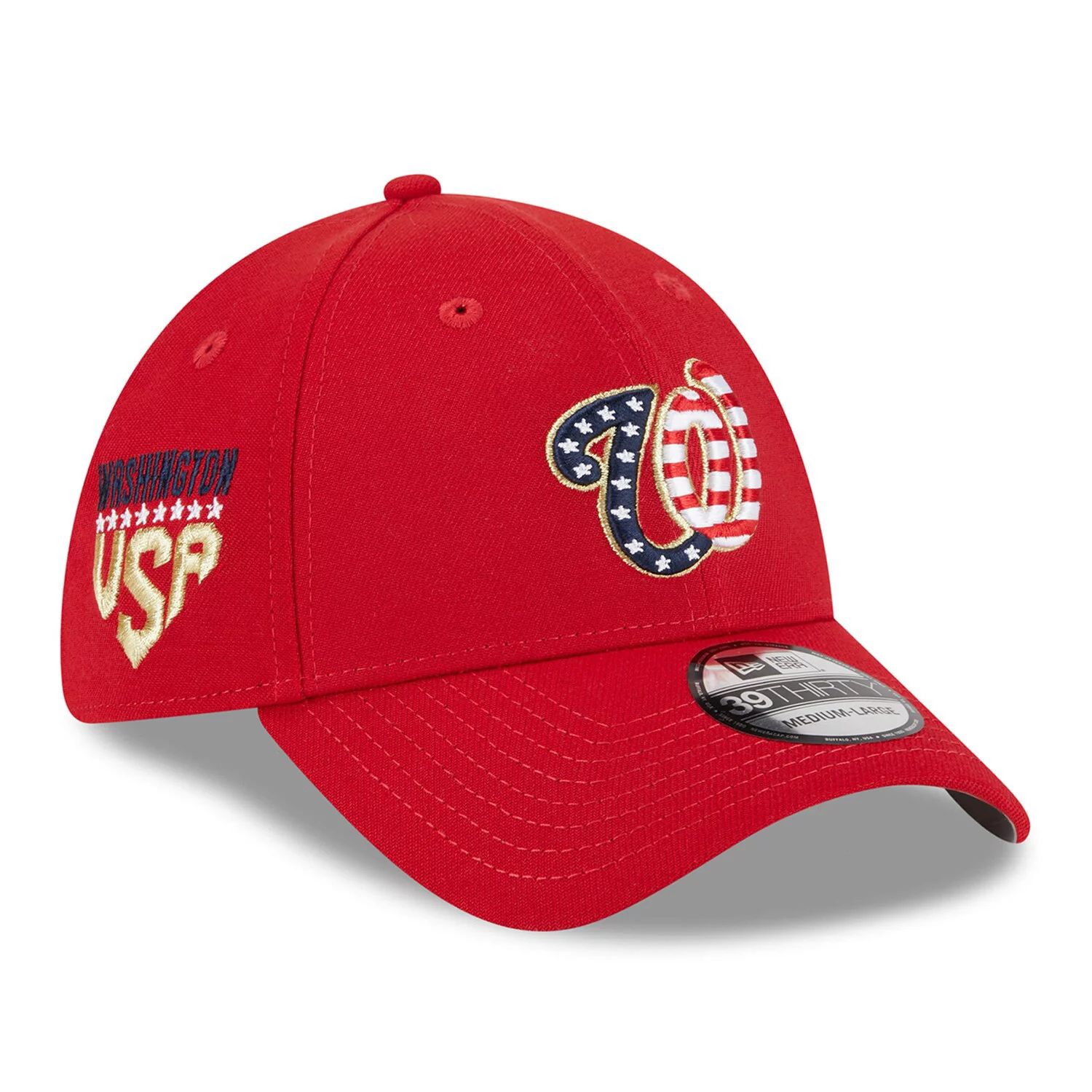 цена Мужская кепка New Era Red Washington Nationals 2023, четвертое июля 39THIRTY, гибкая шляпа