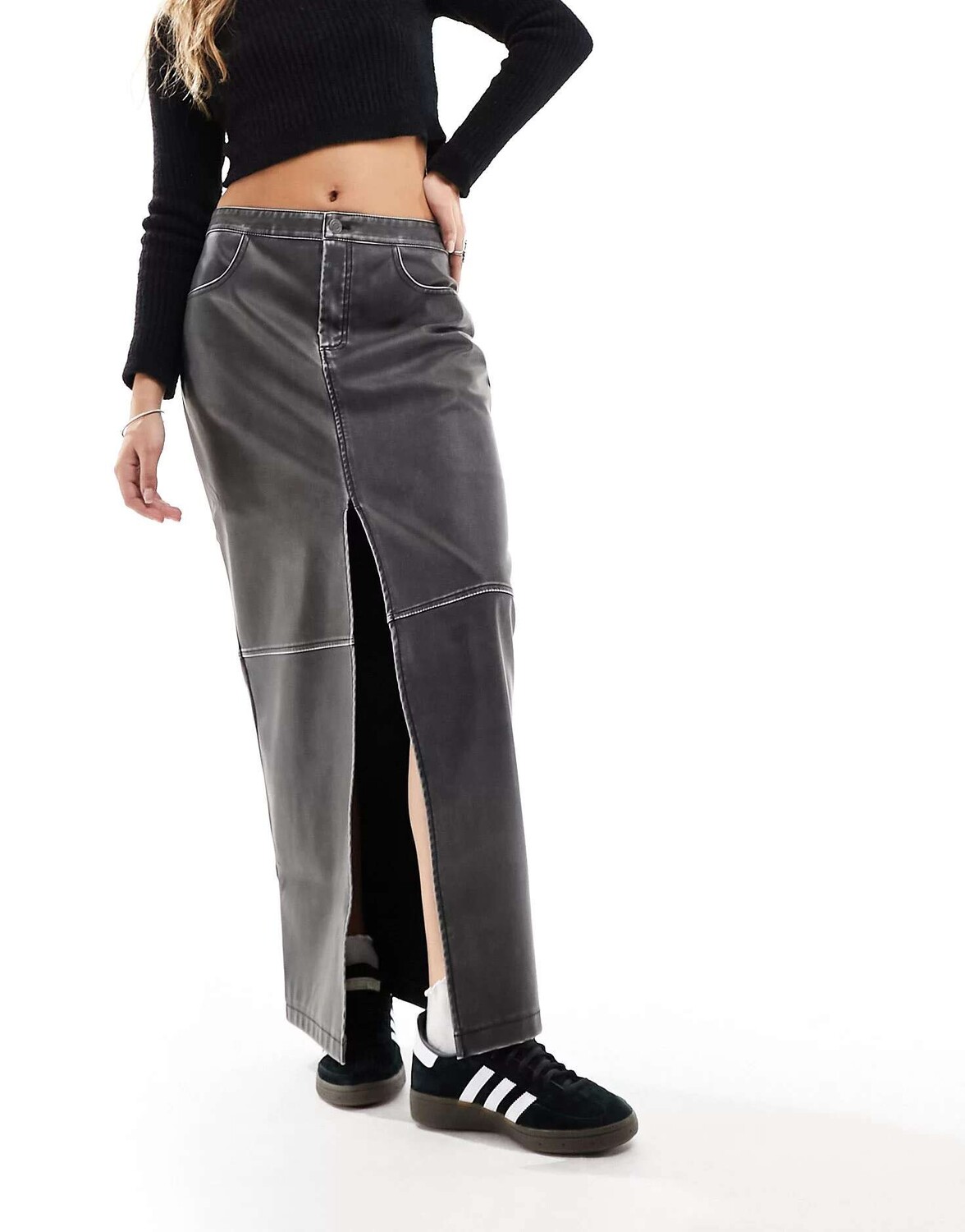 

Черная длинная юбка из искусственной кожи Stradivarius STR