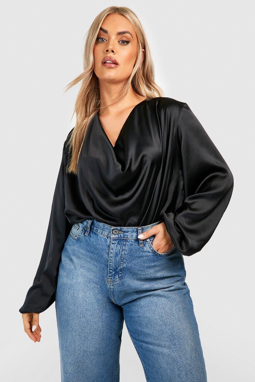 

Блузка из атласа plus с длинными рукавами Boohoo, черный