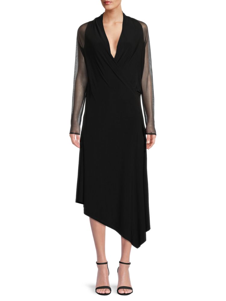 Асимметричное платье миди с сетчатыми рукавами Donna Karan New York, черный