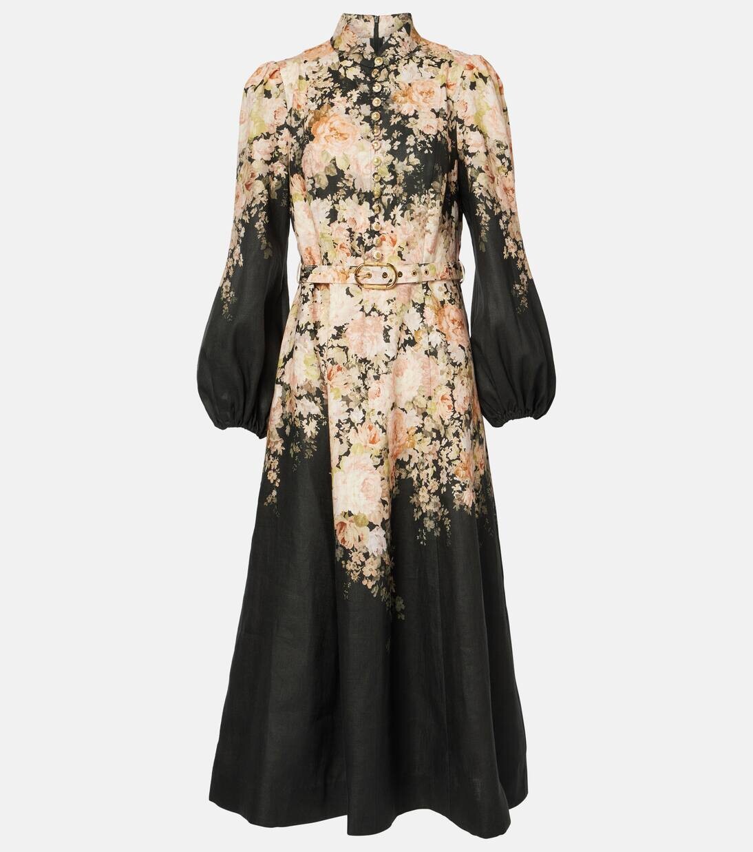 

Платье миди из льна с цветочным принтом Zimmermann, цвет black rococo floral