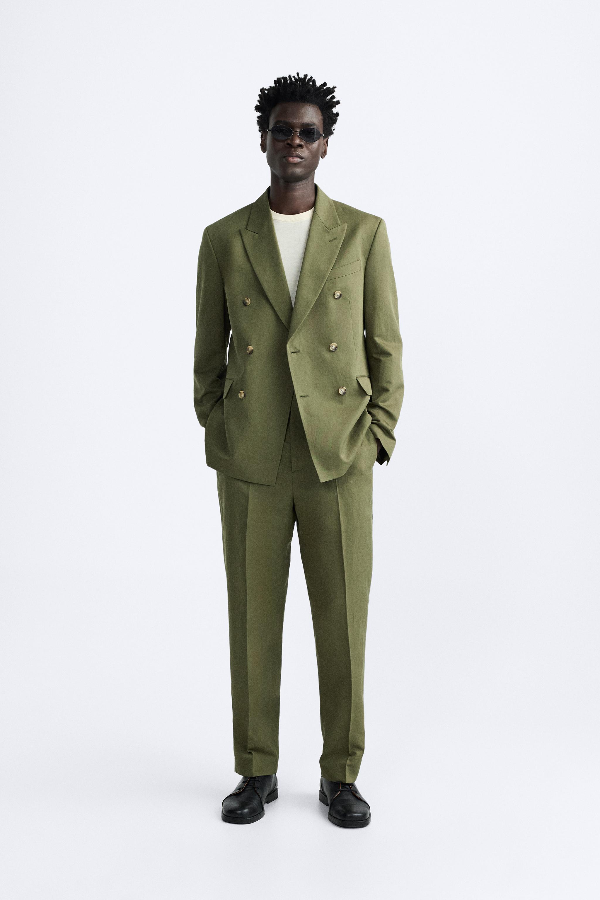 Пиджак прямого кроя из смеси льна и хлопка ZARA, зеленый джоггеры из хлопка и льна zara зеленый