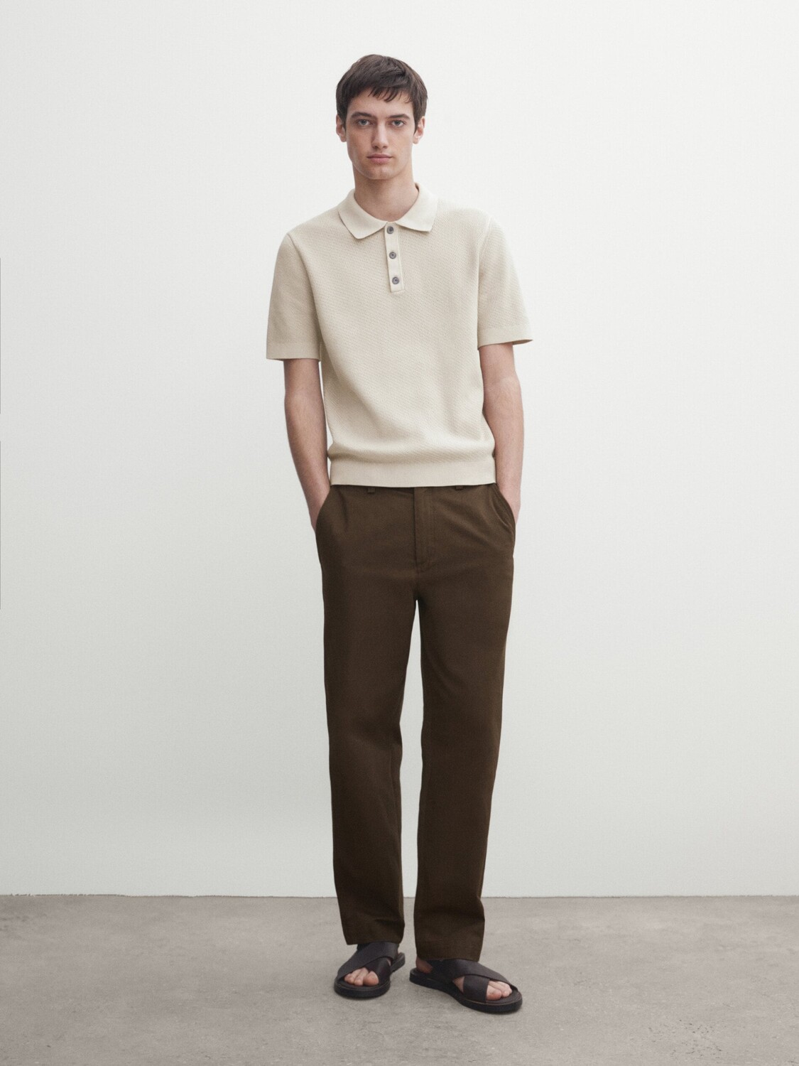 

Свитер-поло фактурной вязки с короткими рукавами Massimo Dutti, бежевый