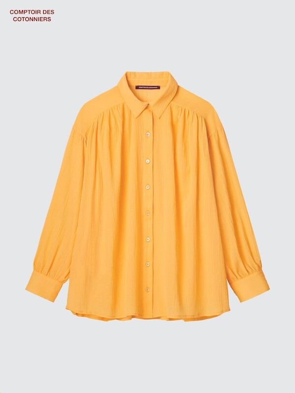 

Хлопчатобумажная прозрачная рубашка с длинными рукавами в складку Uniqlo, желтый
