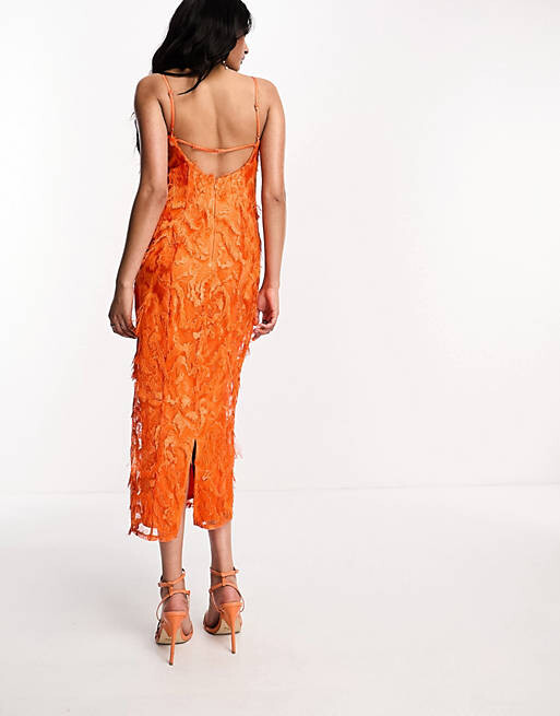 

Оранжевое платье миди из фактурного кружева ASOS DESIGN
