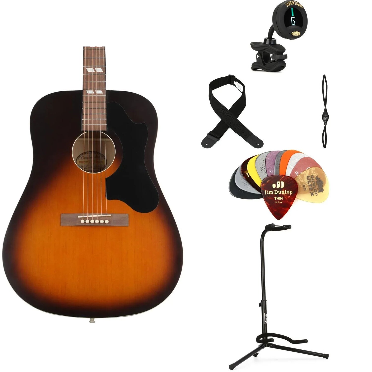 

Новый комплект Recording King Dirty 30s Series 7 Dreadnought Acoustic Guitar Essentials Bundle — Tobacco Sunburst