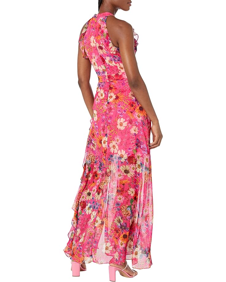 

Платье Betsy & Adam Halter Chiffon Print Ruffled Gown, цвет Hot Pink