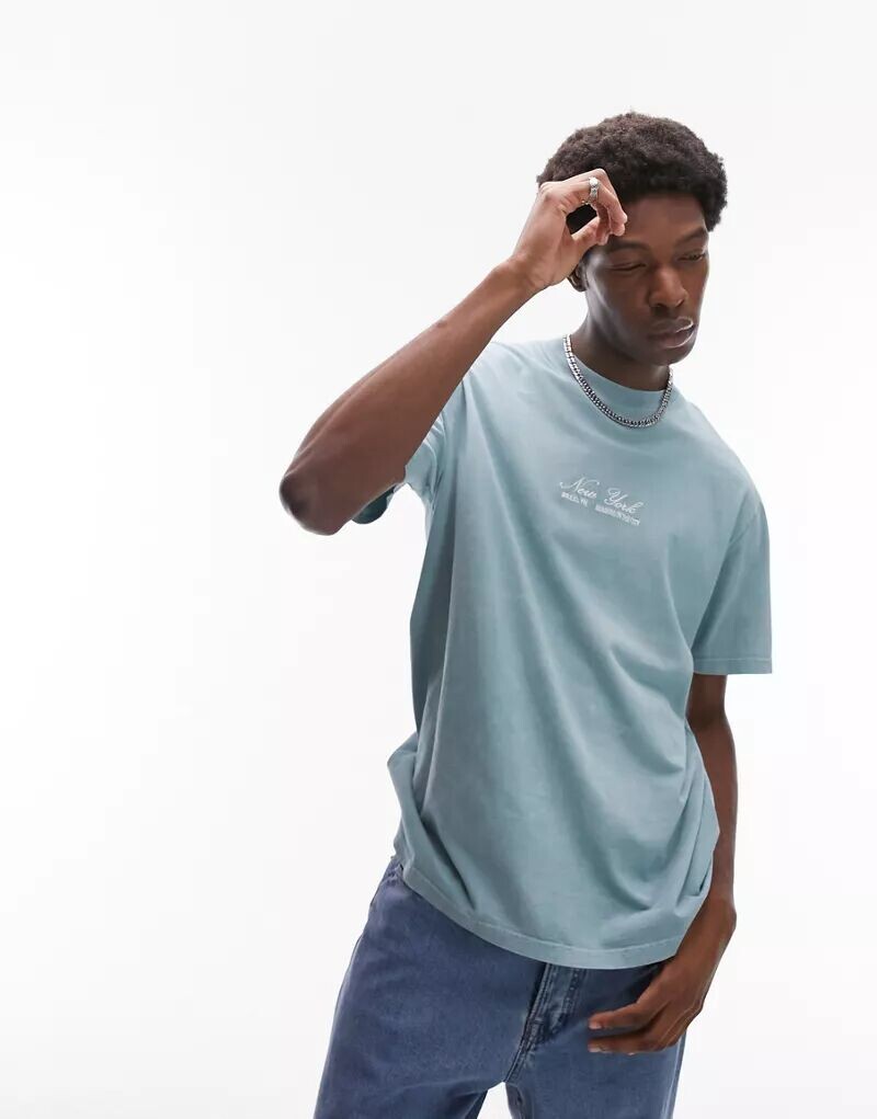 

Голубая футболка оверсайз Topman с вышитой надписью «Нью-Йорк»