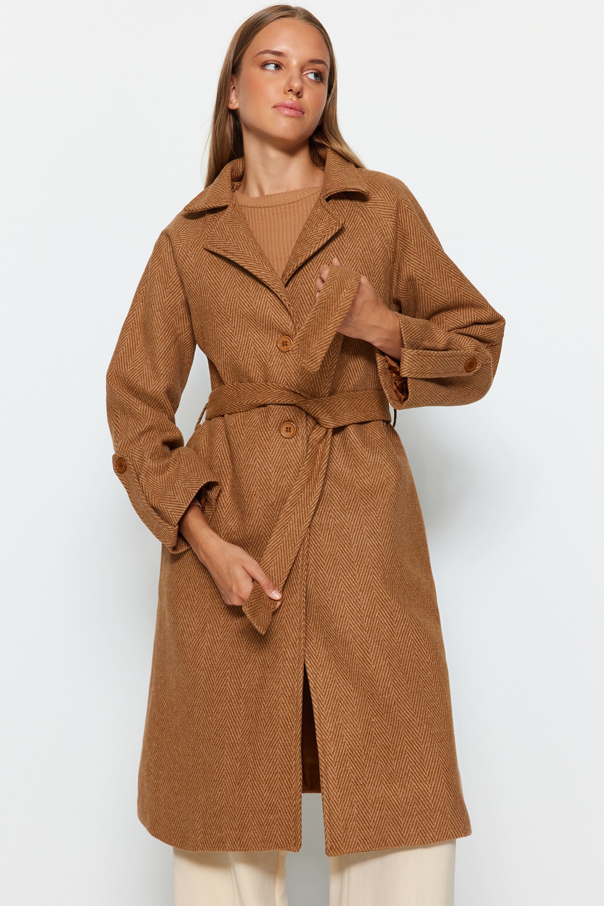 Пальто Trendyol оверсайз длинное кашемировое, светло-коричневый пальто zara masculine wool светло коричневый