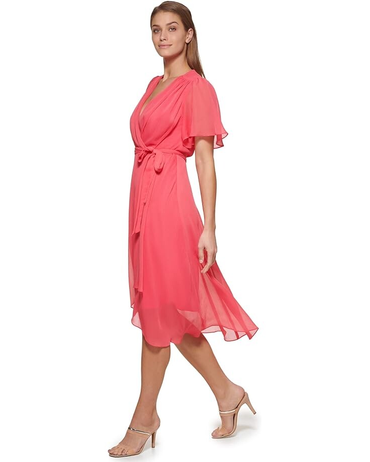 

Платье DKNY Short Sleeve Faux Wrap Belted Dress, цвет Punch