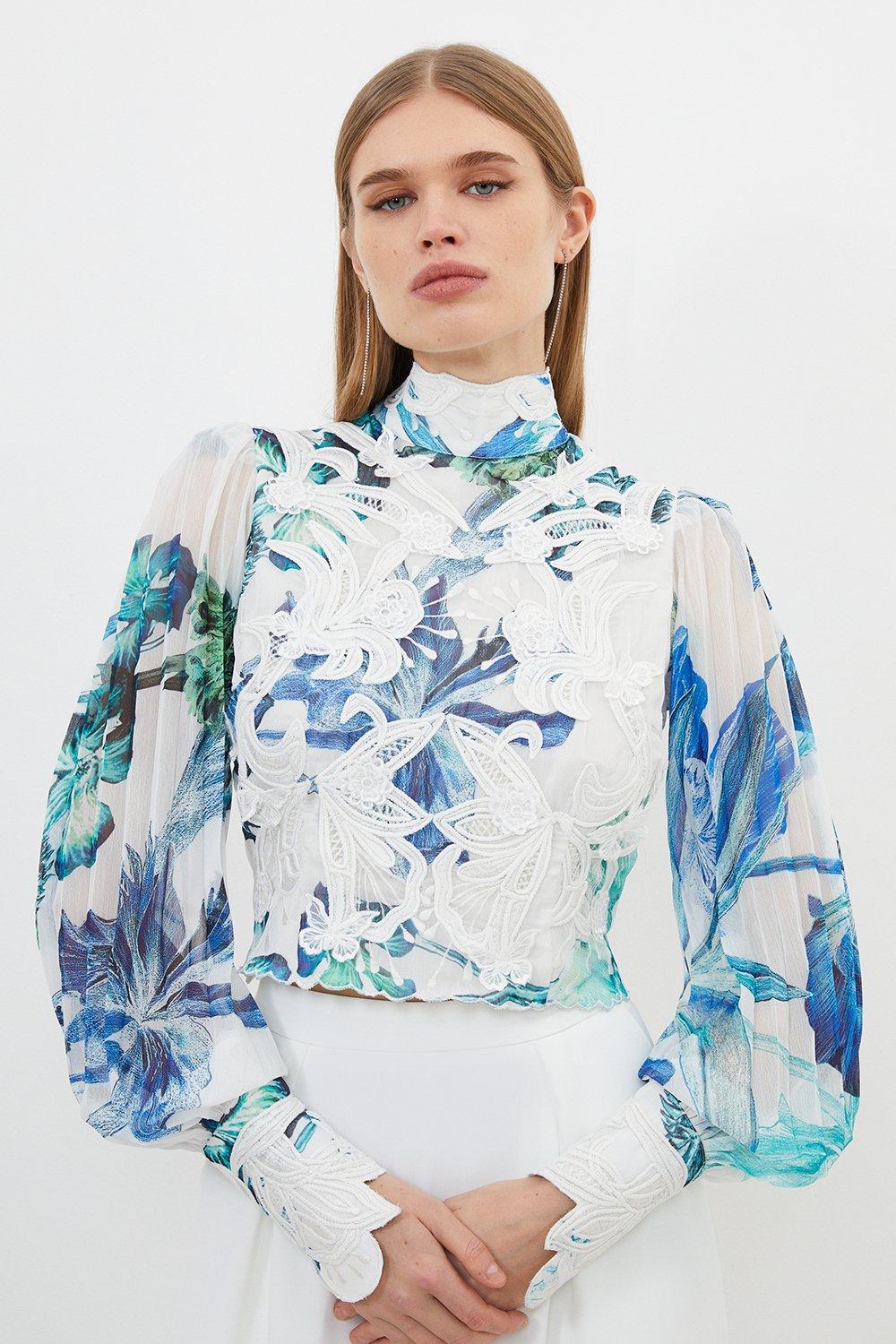 Тканая кружевная блузка с цветочной аппликацией Karen Millen, мультиколор