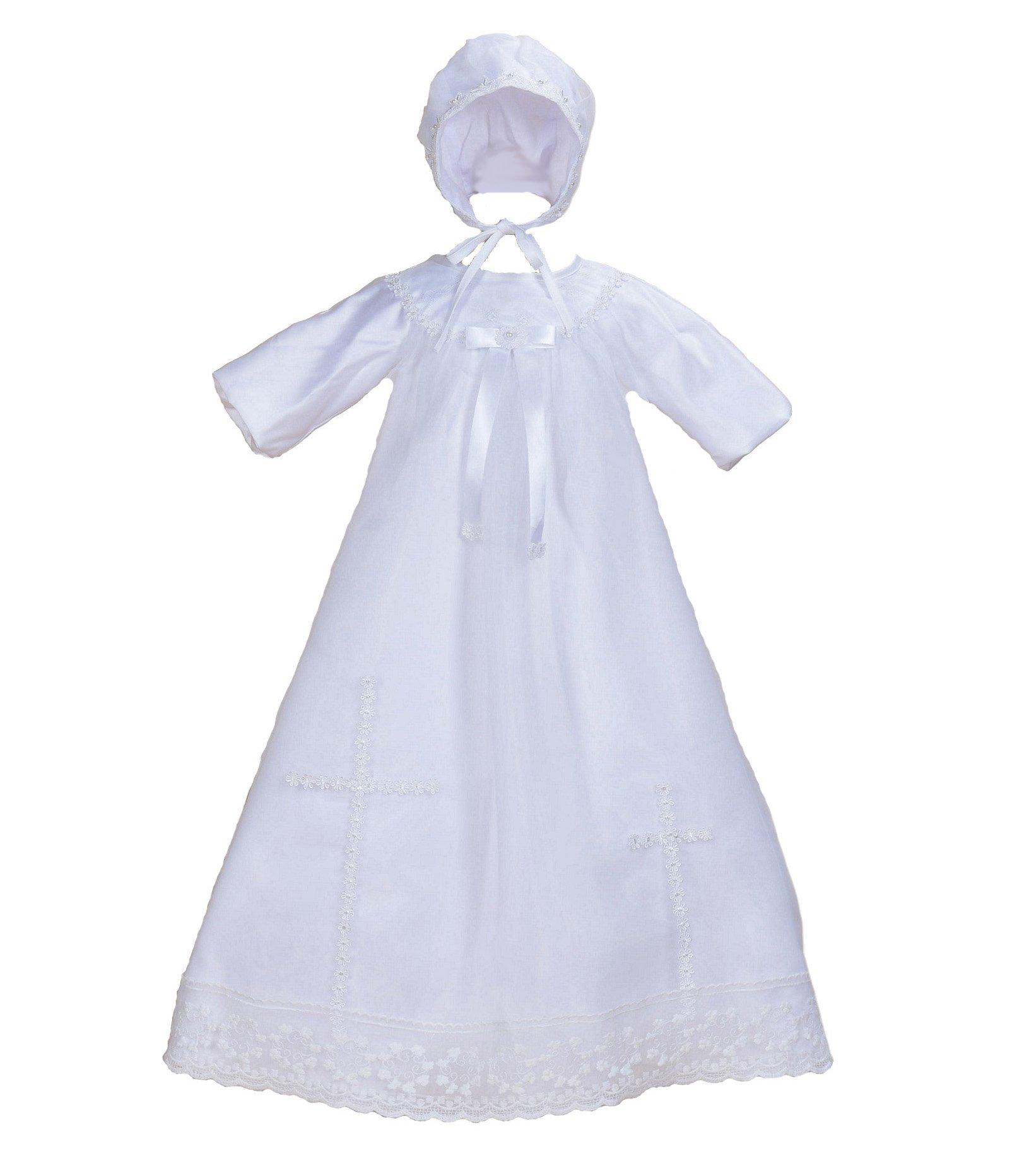 Атласное крестильное длинное платье и чепчик с длинными рукавами Cinda, белый