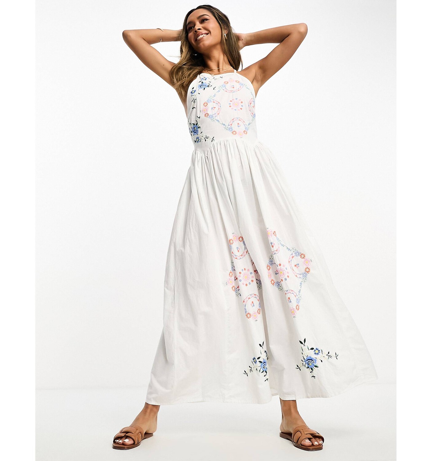 

Белое платье миди с вышивкой и открытой спиной ASOS DESIGN, Белый