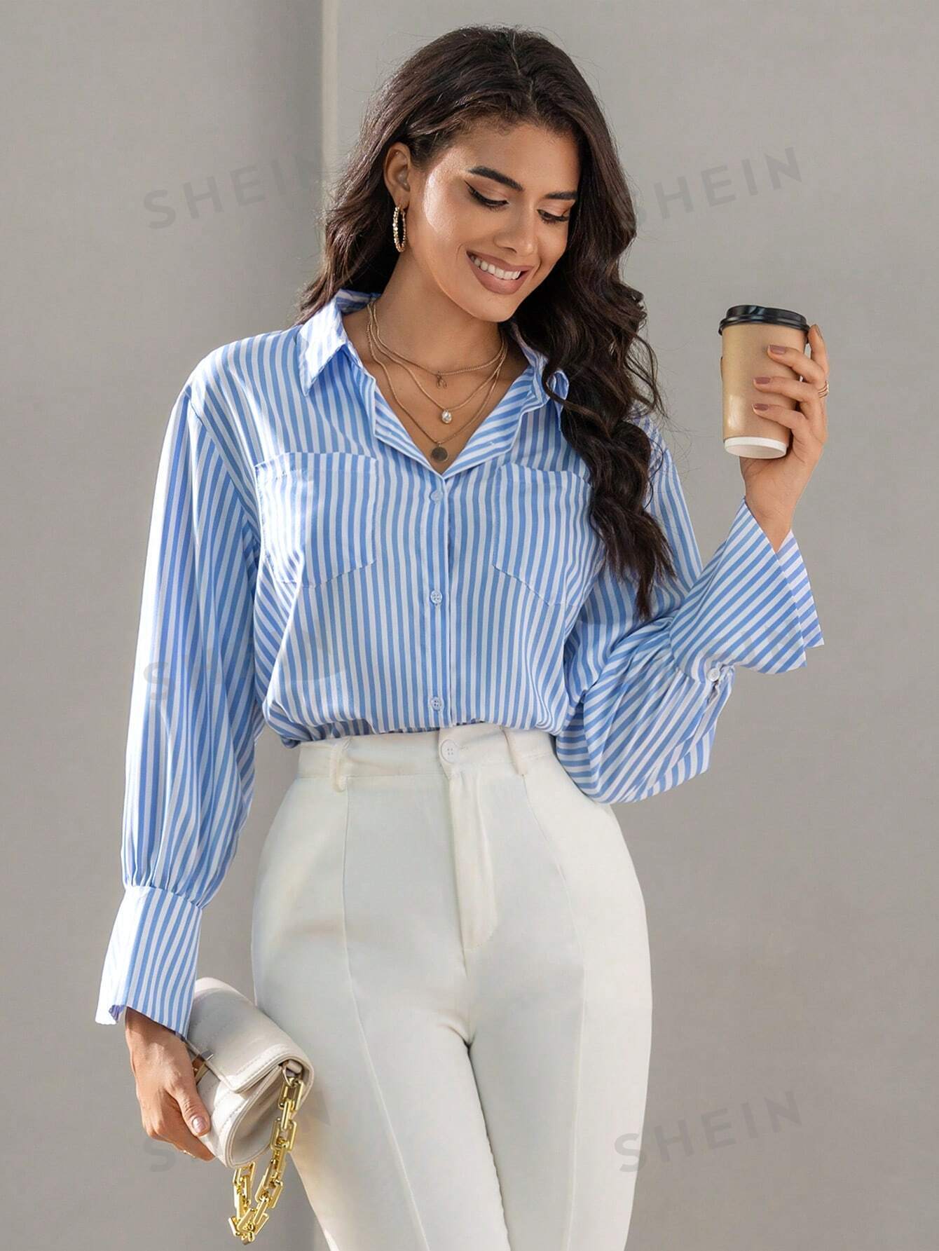 SHEIN BIZwear Рубашка с длинным рукавом в вертикальную полоску, многоцветный