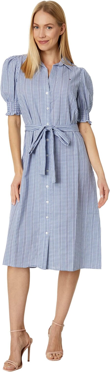 

Платье миди в мелкую клетку с пышными рукавами Tommy Hilfiger, цвет Dobby Gingham/Harbor Blue/Bright White