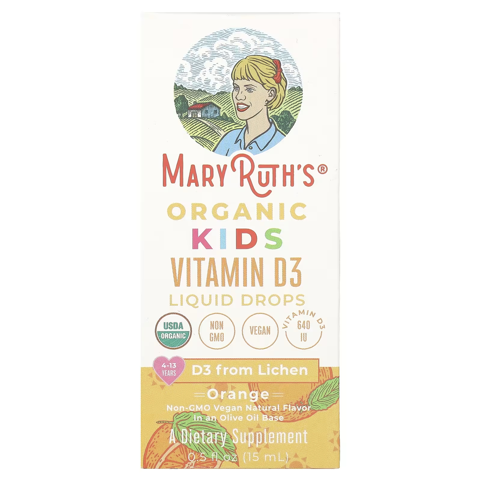 Жидкие капли с витамином D3 для детей MaryRuth's Organic Kids, 4–13 лет, оранжевые, 640 единиц, 0,5 жидких унции (15 мл)