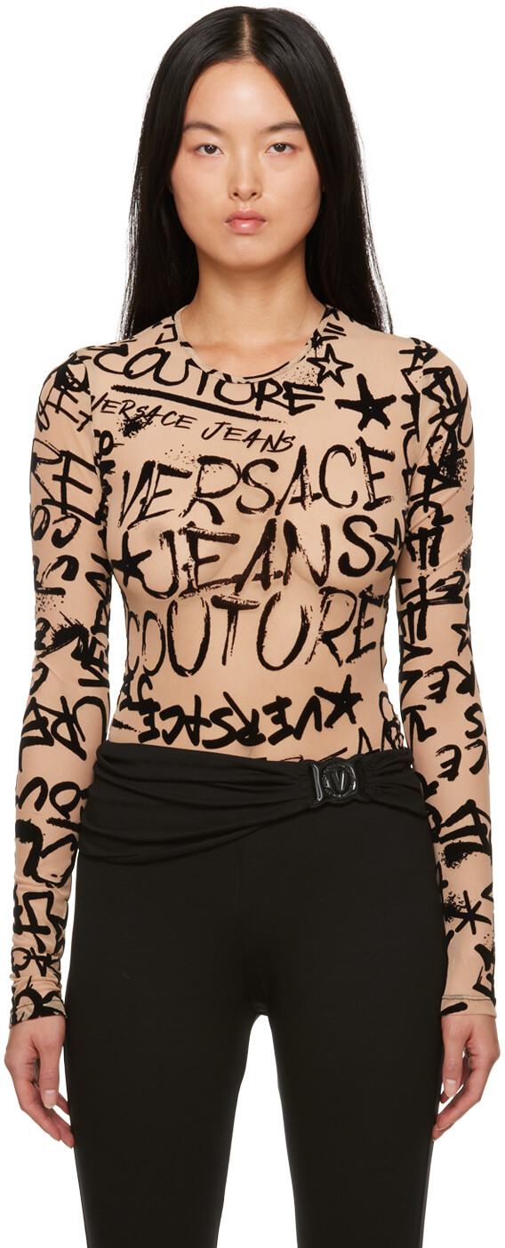

Бежевое боди из флока в стиле граффити Versace Jeans Couture