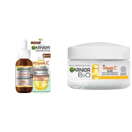 

Ночная сыворотка Garnier с витамином С от темных пятен и усталой кожи и дневной крем с витамином С для сияющей кожи