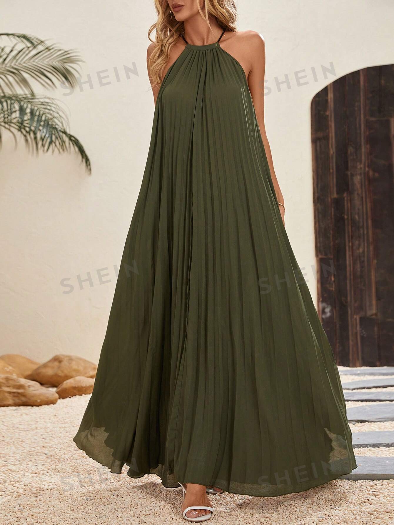 цена SHEIN LUNE Женское модное однотонное платье с бретелькой на шее, армейский зеленый