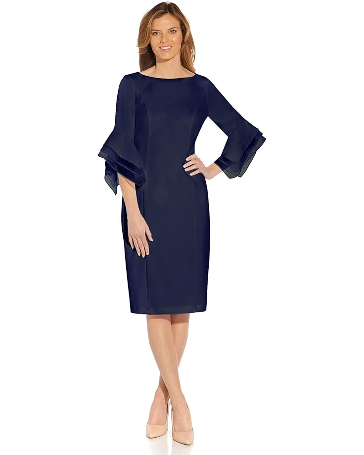 Платье Adrianna Papell Stretch Knit Crepe Sheath with Tiered Organza Bell Sleeve, нави