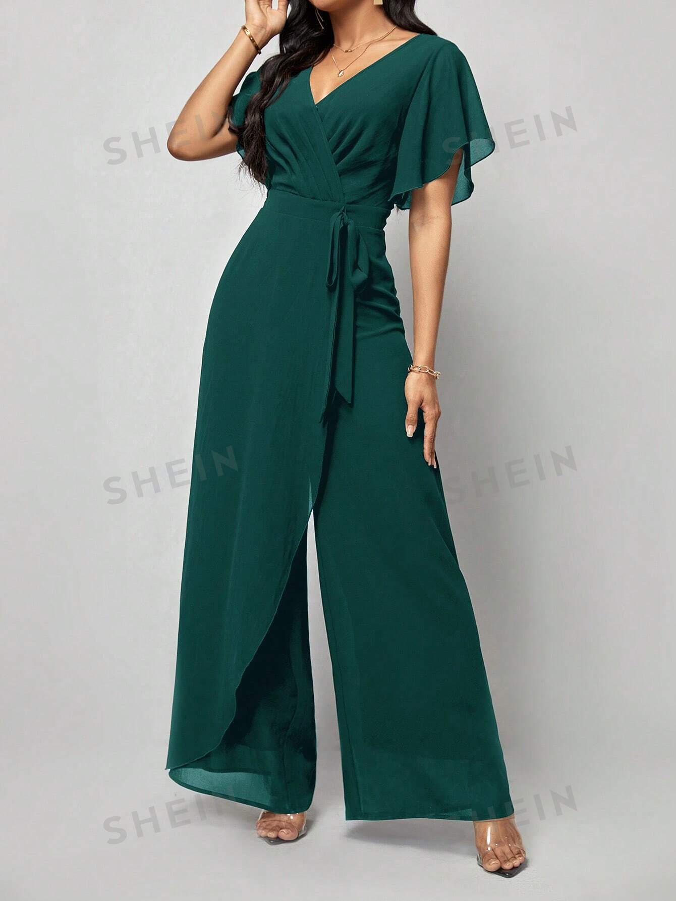 shein ezwear женский комбинезон с широкими штанинами и изогнутым вырезом черный SHEIN Clasi Женский однотонный плиссированный комбинезон с запахом и завязывающимся поясом, темно-зеленый