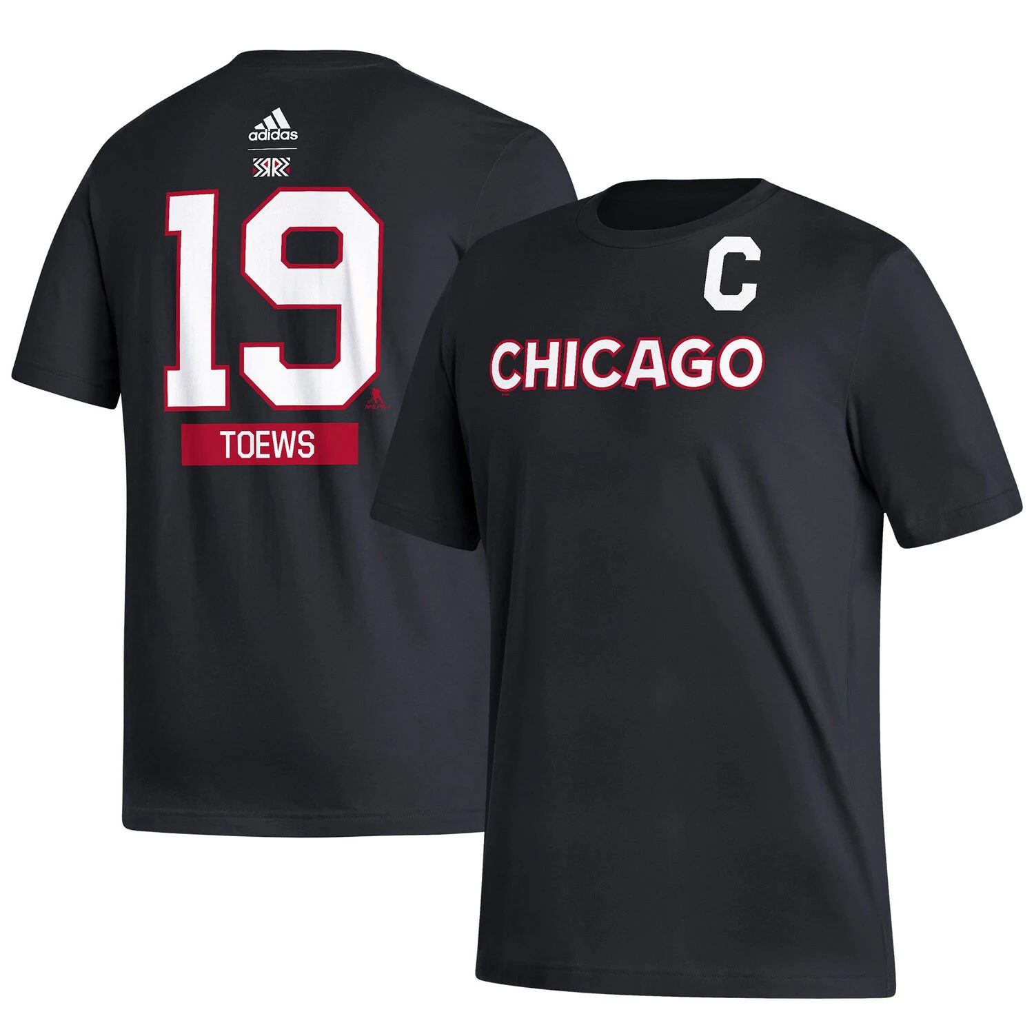 мужская красная мужская футболка с именем и номером команды chicago blackhawks jonathan toews team fanatics Мужская футболка adidas Jonathan Toews Black Chicago Blackhawks Reverse Retro 2.0 с именем и номером