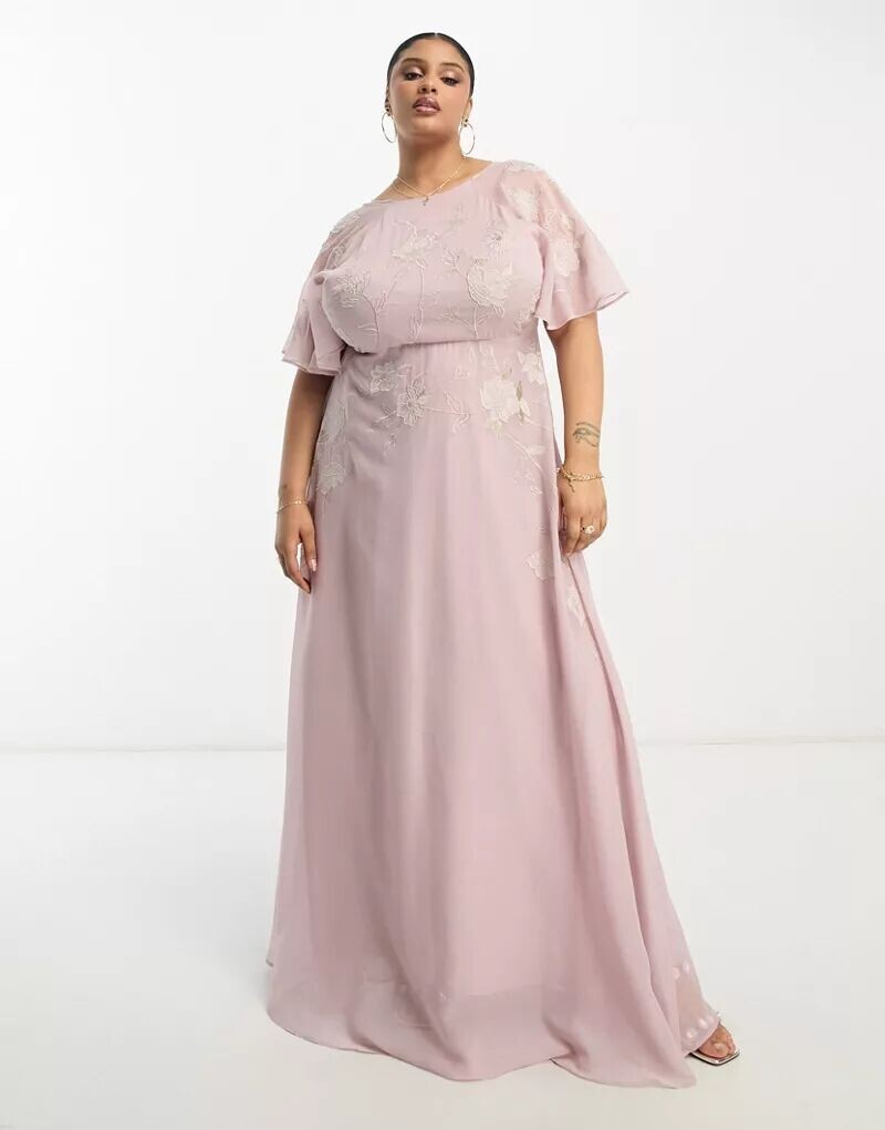 

Розовое платье макси с рукавами ангела и цветочной аппликацией ASOS DESIGN Curve Bridesmaid