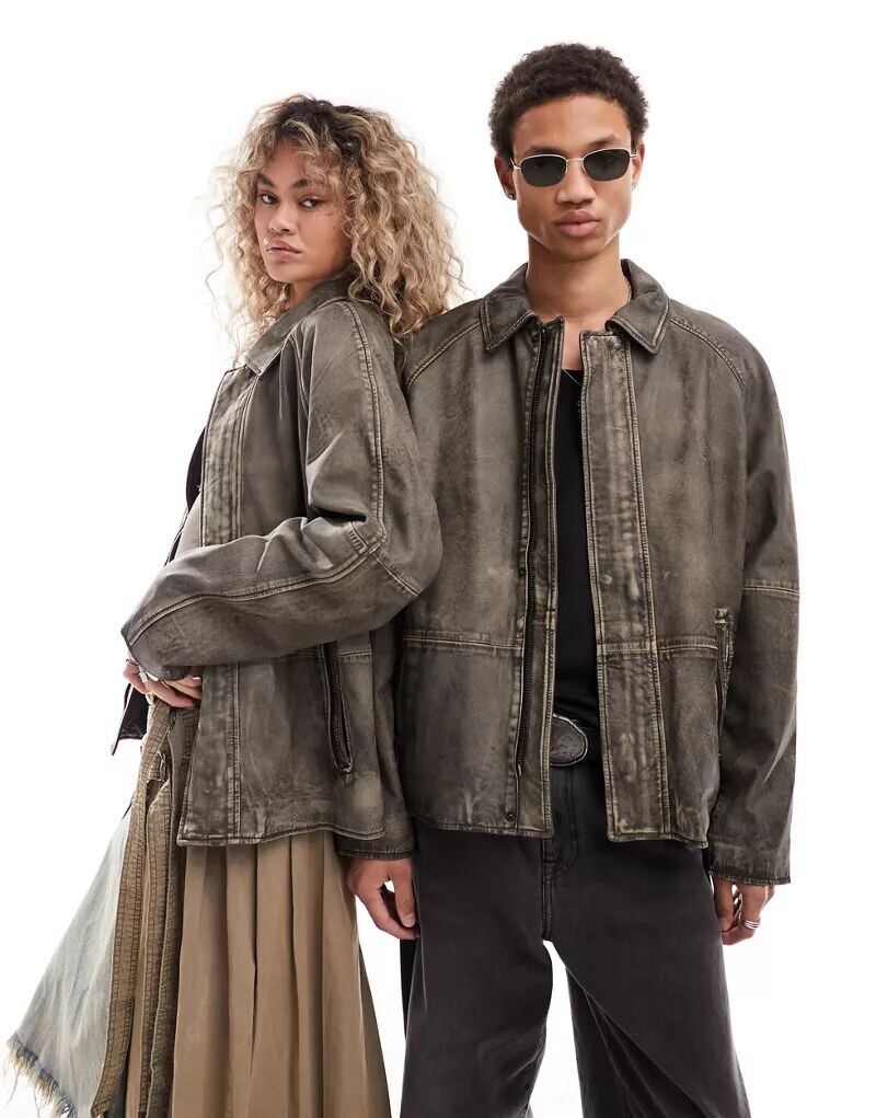 

Коричневая куртка унисекс из натуральной кожи Reclaimed Vintage на молнии, Серый