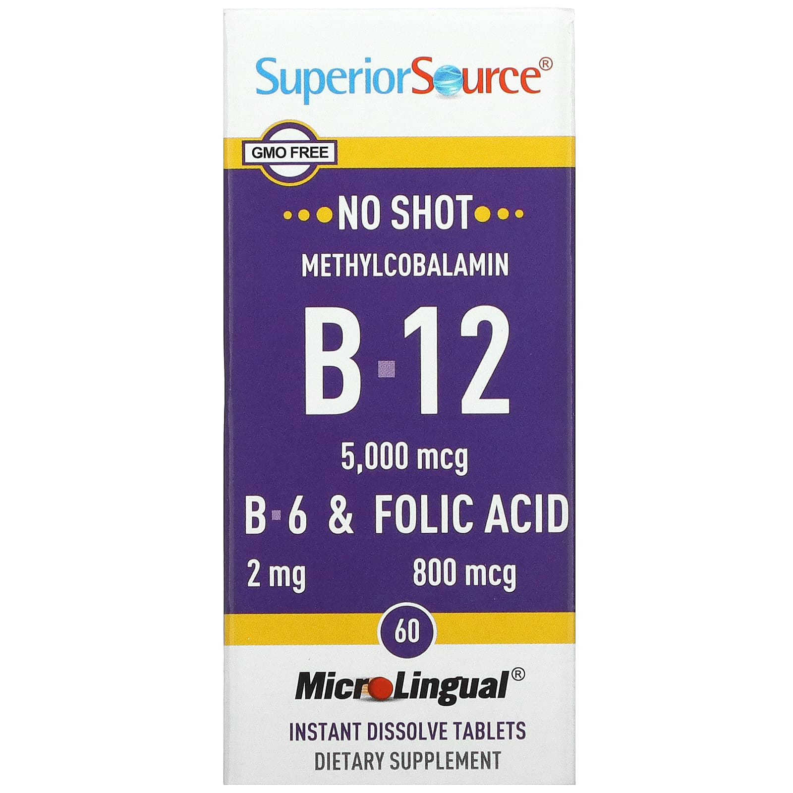 Superior Source Метилкобаламин B12 5000 мкг B-6 и фолиевая кислота 800 мкг 60 таблеток МикроЛингвал