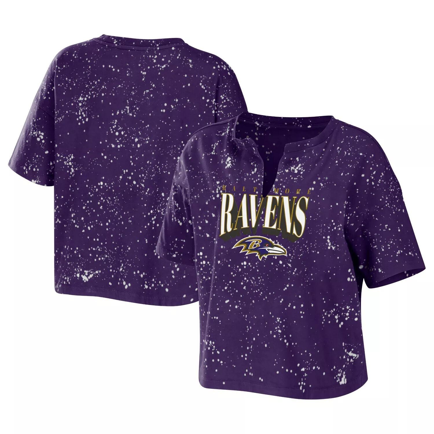 

Женская одежда Erin Andrews Фиолетовая футболка Baltimore Ravens Bleach Wash с вырезом и вырезом в виде брызг, Фиолетовый