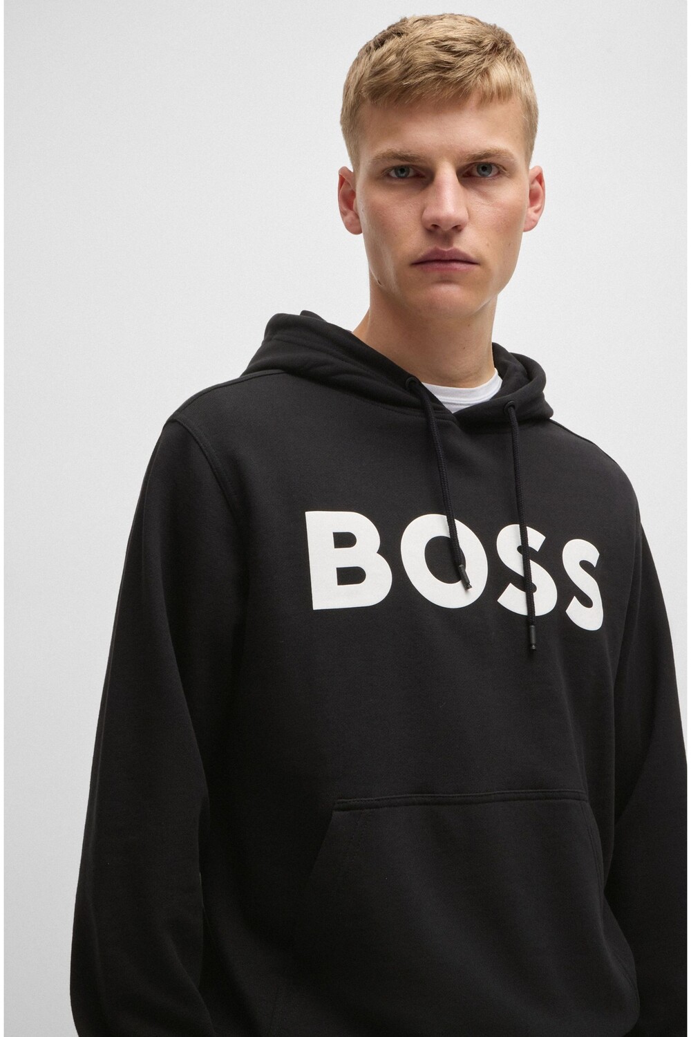 

Худи из хлопчатобумажной махровой ткани с контрастным логотипом Boss, черный