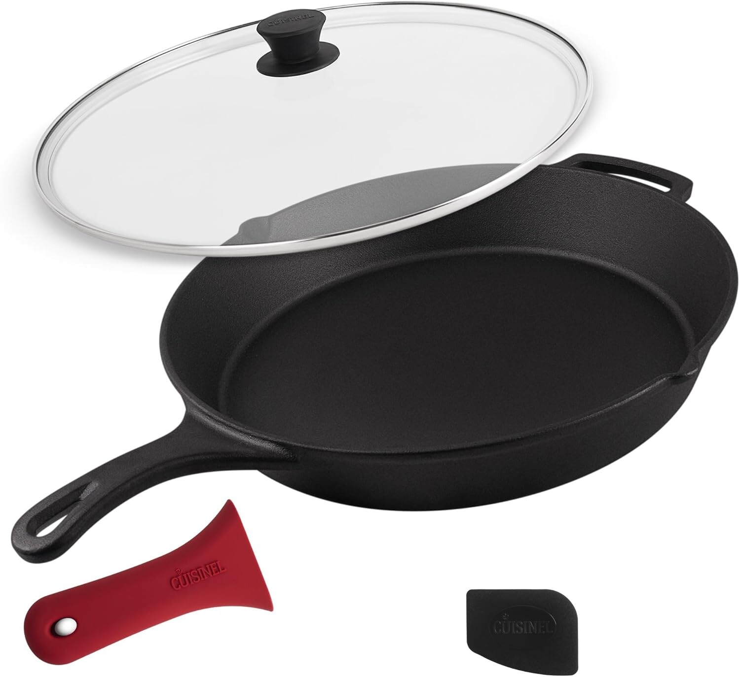 

Чугунная сковорода Cuisinel 15 дюймов + стеклянная крышка + черный скребок для сковороды + силиконовая крышка для ручки – предварительно выдержанная кухонная посуда – для использования в помещении/на открытом воздухе – для кемпинга, Skillet + Li...