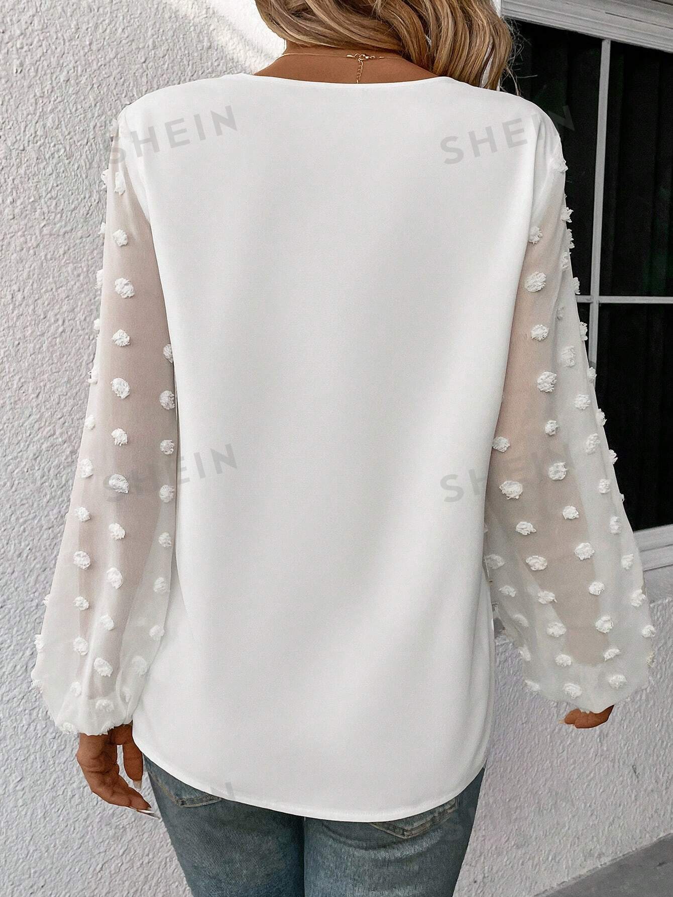 SHEIN LUNE Сетчатая лоскутная рубашка с V-образным вырезом и рукавами-фонариками, белый