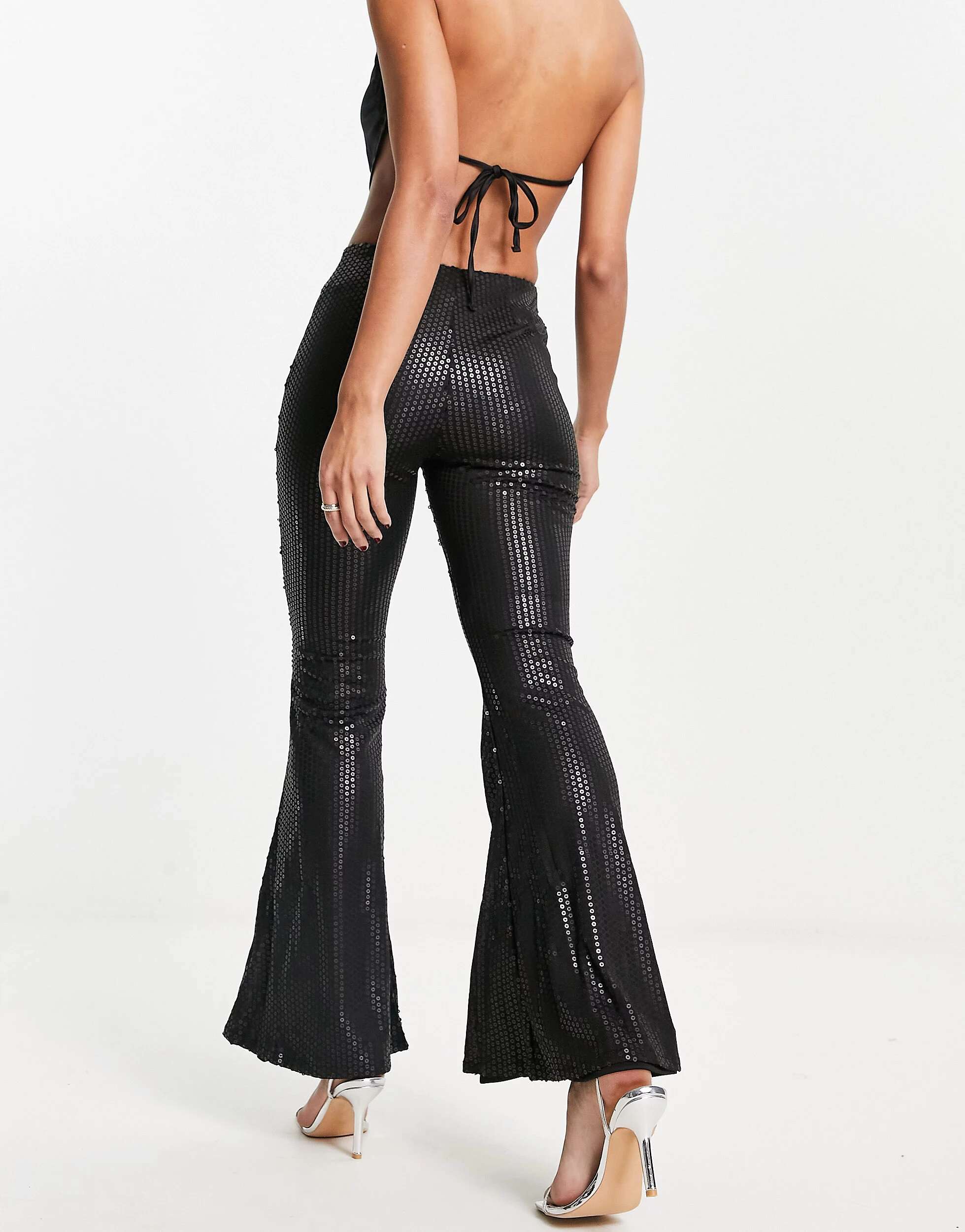 Гламурные брюки-клеш с завышенной талией черного матового цвета с пайетками Glamorous цена и фото