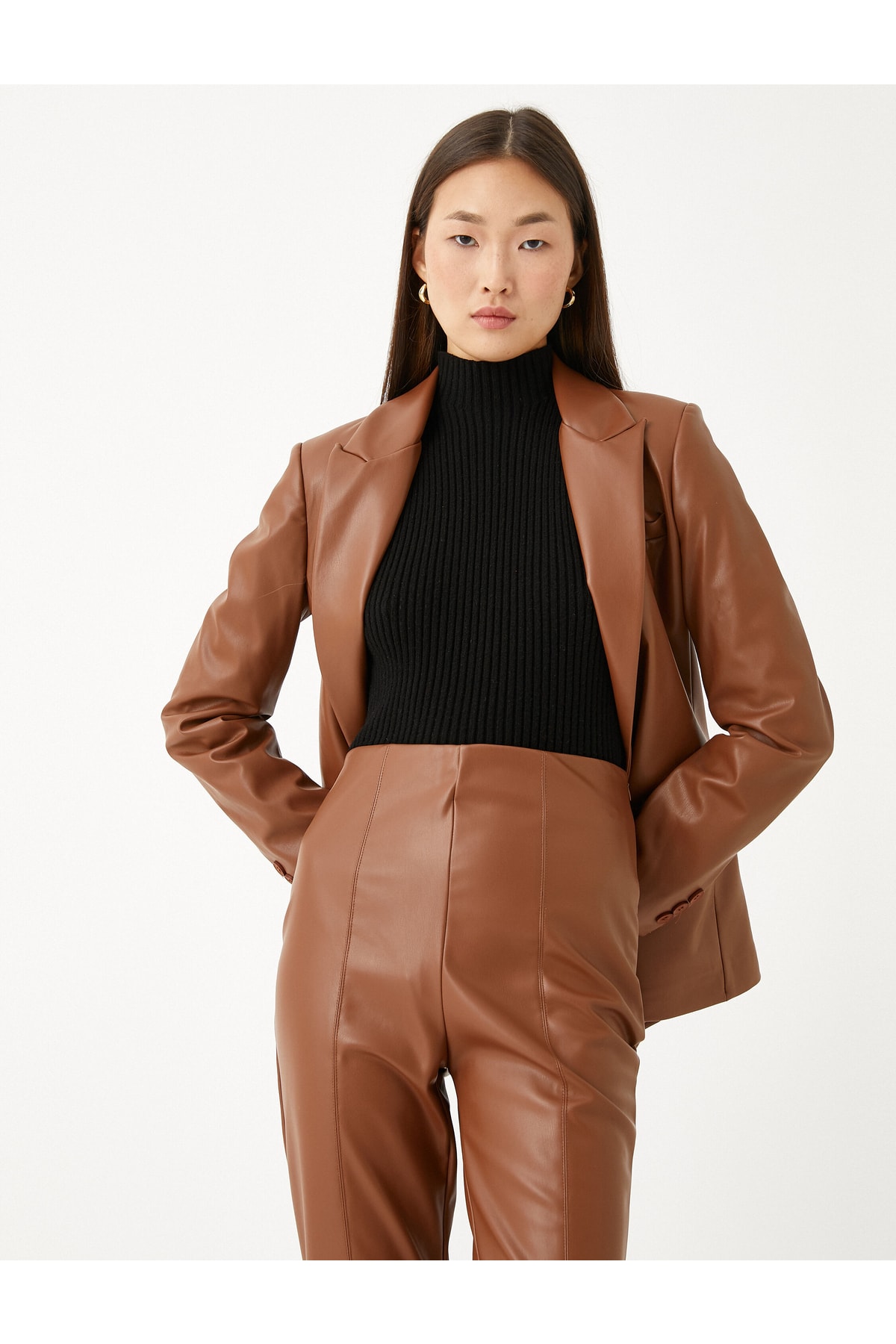 Пиджак из искусственной кожи с карманами Koton, коричневый