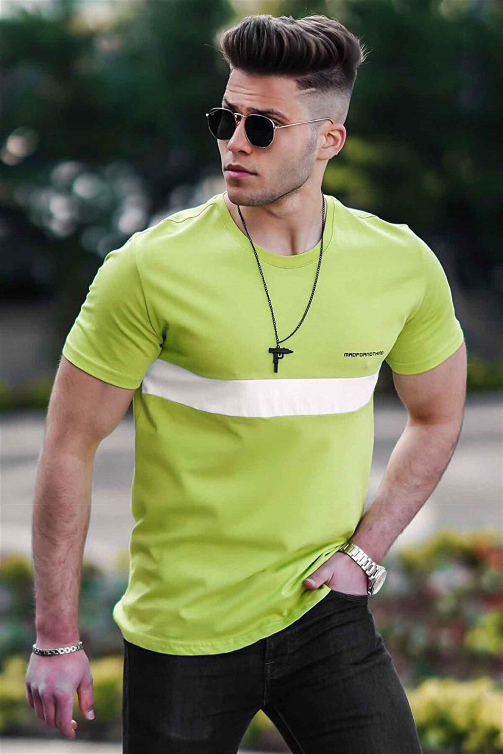 Полосатая мужская зеленая футболка 4578 MADMEXT