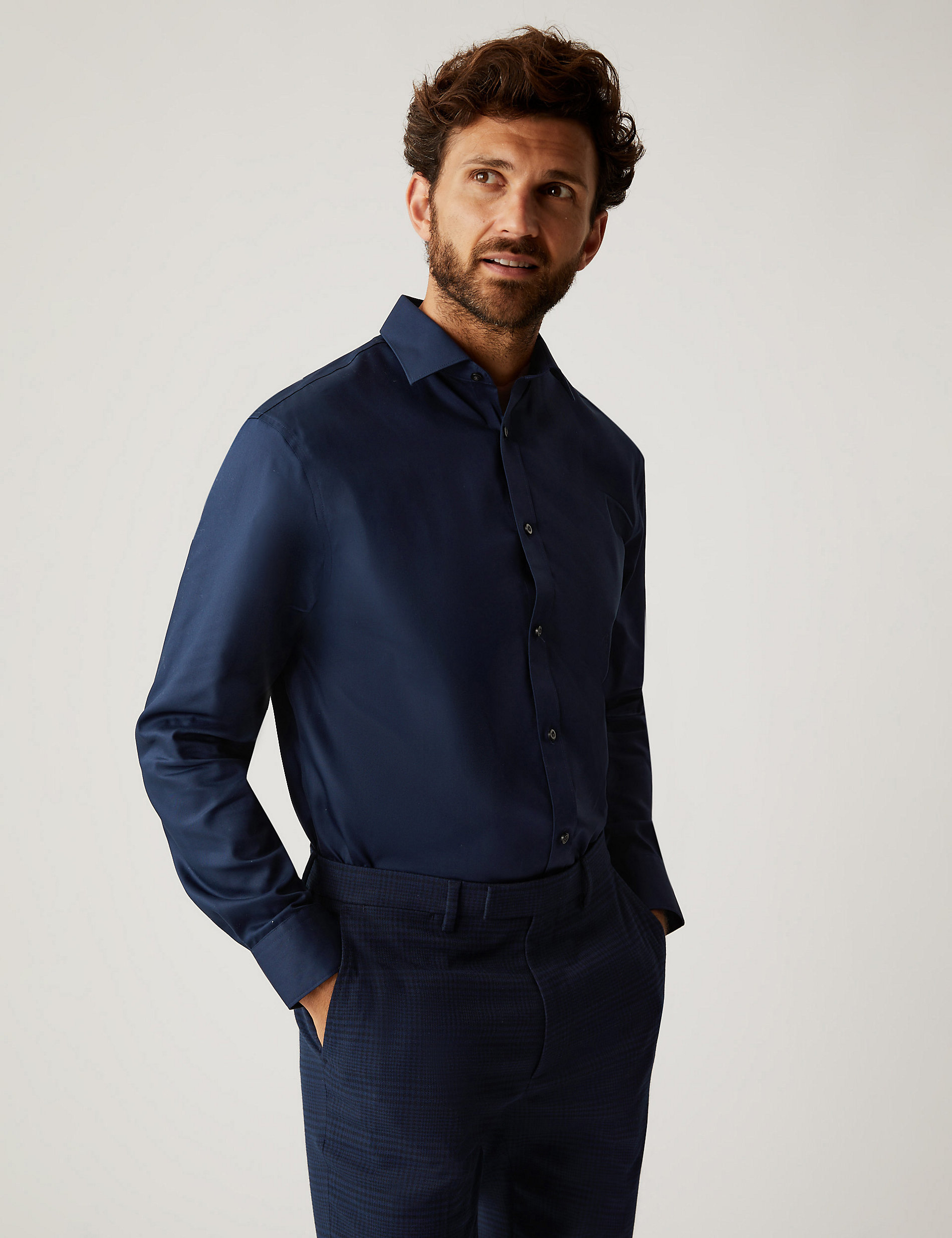 Рубашка обычного кроя из чистого хлопка без глажки Marks & Spencer, темно-синий рубашка обычного кроя из чистого хлопка без глажки marks