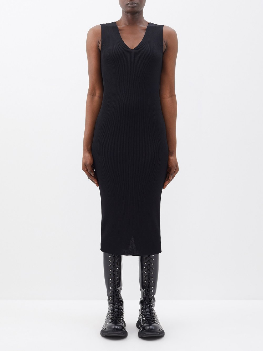 Платье миди из рубчатого джерси с v-образным вырезом Moncler, черный