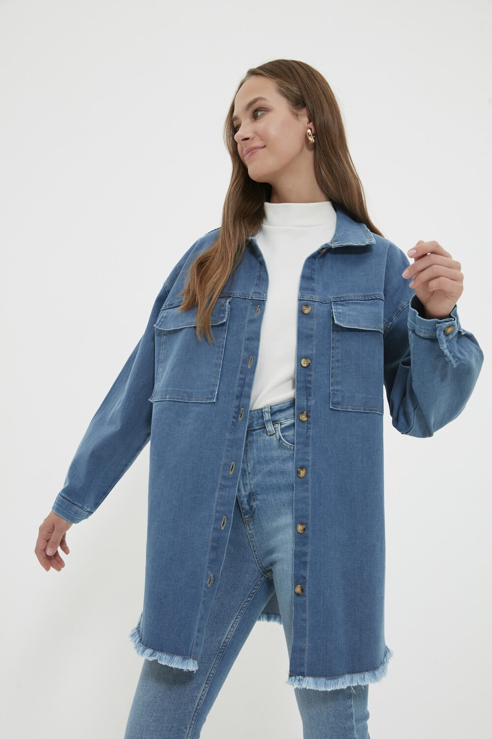 

Куртка цвета индиго с двойным карманом и воротником-рубашкой Trendyol Modest, темно-синий